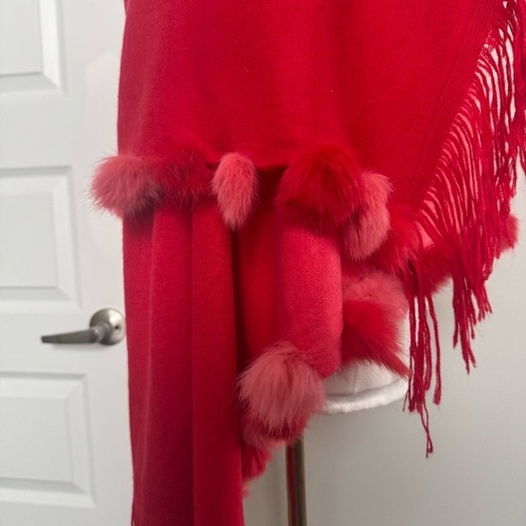 Red and Pink Scarf with rabbit fur Pom-Poms y2k glam - Picture 3 of 7